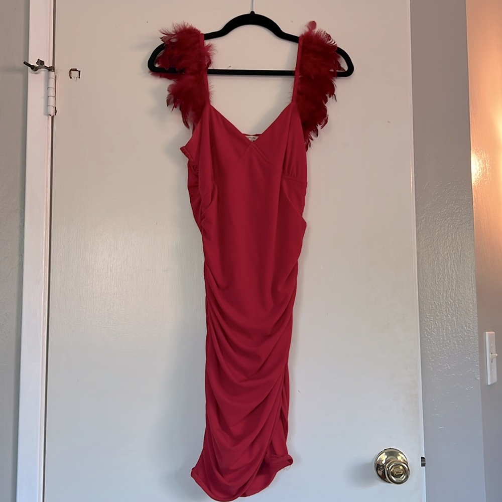 Red feather-strap dress